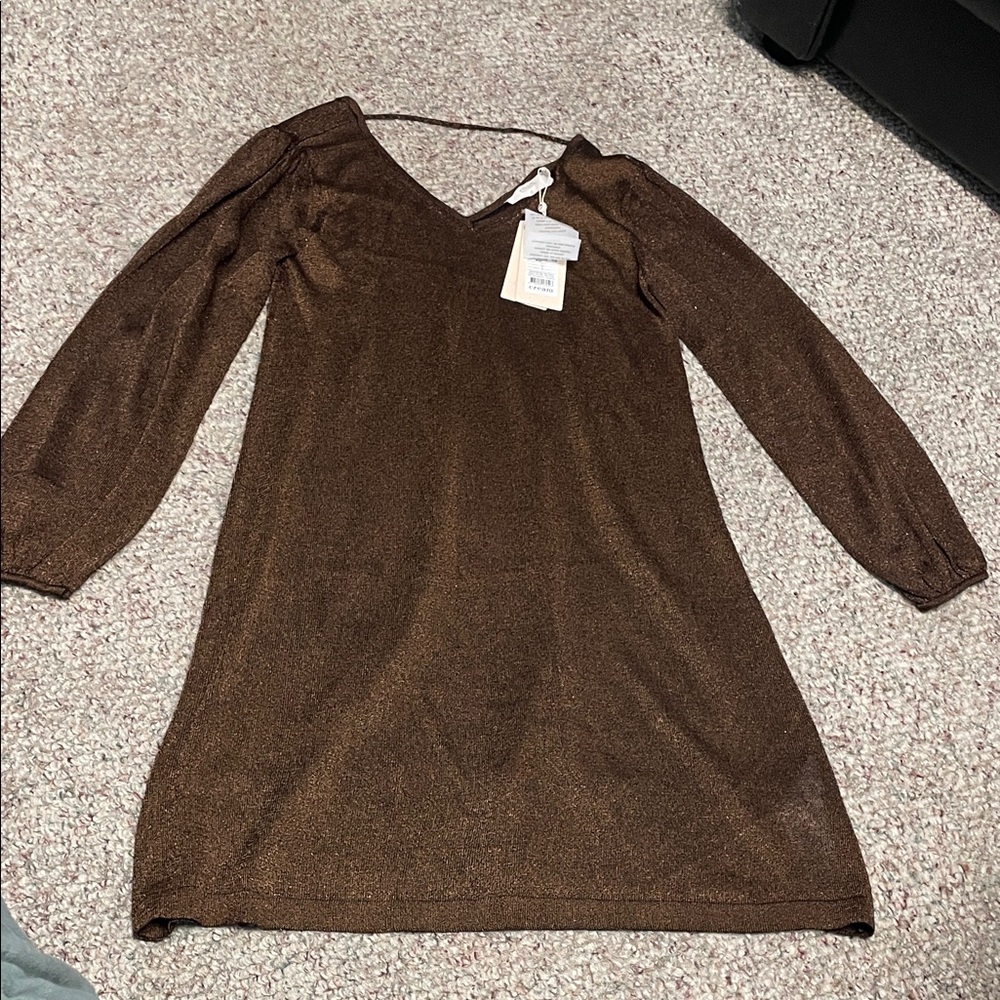 Cream metallic copper/black Long Sleeve knit Dress- nwt